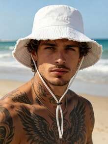 1pc Men's Brim Bucket Hat, Adjustable Chin Strap Design, Sun-Shading & Windproof, Fashionable, Suitable For Travel, Beach, Casual Daily Wear - A - View 3