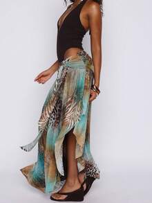 Summer Leopard Snake Zebra Mixed Print Wrap Long Skirt, Asymmetrical Ruffle Tie Waist Sheer Sarong Skirt, Beach Vacation, Date, Valentine's Day, Concert Nightclub Party Outing - Multicolor - View 7