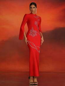 Love Aing Elegant Red Long Sleeve Dress With Sequin Embellishments And Slit Design, Graceful And Sophisticated, Suitable For Wedding, Holiday, Date, Cocktail Party, Evening Event And Party Occasions - Red - View 9
