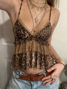 Top de tirantes finos con estampado de leopardo en patchwork, empalmado de encaje de poliéster, casual de vacaciones y playa para el verano - Caqui - Ver 4