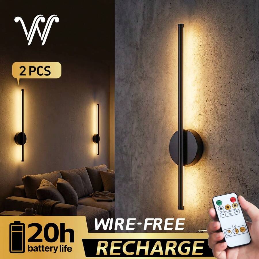 wamblz 2件組電池充電式壁燈，北歐風磁吸無線可調光定時LED壁燈，附遙控器，適用於臥室、客廳、走廊、樓梯、層架、沙發、電視背景牆，黑色 50cm