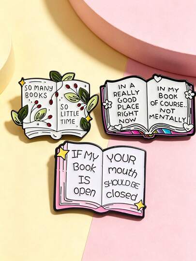 3pcs/Set Cartoon Book & Text Pattern Women's Brooch, Can Be Used As Bag Pin And Clothing Accessory, Fashion Jewelry Clothing Accessory, Daily Wear, Gift For Friends