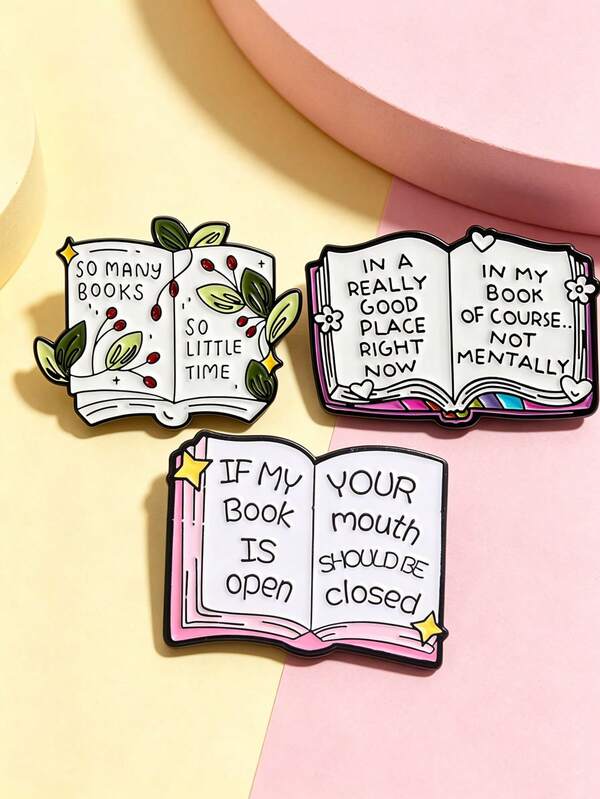 3pcs/Set Cartoon Book & Text Pattern Women's Brooch, Can Be Used As Bag Pin And Clothing Accessory, Fashion Jewelry Clothing Accessory, Daily Wear, Gift For Friends