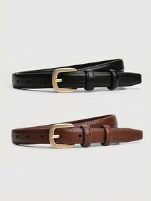 1/2 Piece Women's Solid Color Genuine Leather Skinny Belt, Gold-Tone Buckle, Slim Fit Design, Suitable For Jeans And Casual Pants, Fashion Versatile - Multicolor - View 15