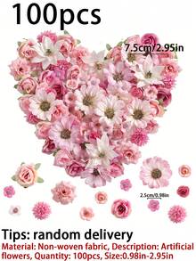50/100入混色人造花頭，0.98-2.75英吋，春夏DIY花頭包含玫瑰、雛菊與牡丹，適用婚禮裝飾、髮飾、居家、派對及桌面中心裝飾，四季皆宜 - 玫紅系 - 查看 7