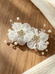 1 pieza Tocado nupcial, accesorio para el cabello de mujer con flores de seda 3D envueltas a mano, clip lateral elegante francés con perlas y strass, accesorio para peinado nupcial trenzado, adecuado para boda/fiesta de vacaciones/novia dama de honor, estilo para todas las estaciones, pinzas para el cabello - Multicolor - Ver 5