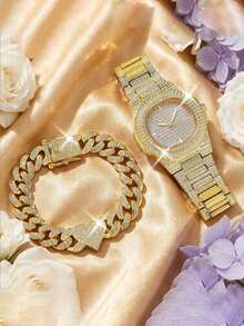2pcs/Set European & American Hip Hop Cuban Bracelet Necklace Watch Gift Set Quartz Watch - 2pcs - View 2