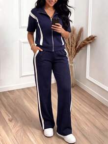 Casual Women's Fashion Commuter Suit, Comfortable Loose Patchwork Contrast Color Short Sleeve Jacket + Striped Contrast Color Straight Leg Pants 2-Piece Set, Suitable For Office, Home, Daily Wear, Airport, Spring/Summer Elegant - Navy Blue - View 1