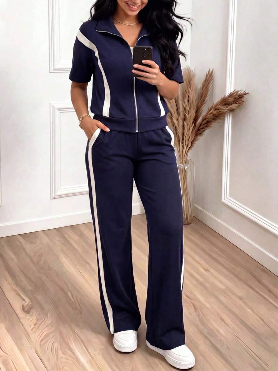 Casual Women's Fashion Commuter Suit, Comfortable Loose Patchwork Contrast Color Short Sleeve Jacket + Striped Contrast Color Straight Leg Pants 2-Piece Set, Suitable For Office, Home, Daily Wear, Airport, Spring/Summer Elegant - Navy Blue - View 1