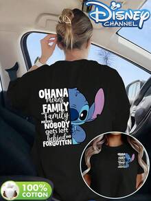 Disney Lilo & Stitch "Ohana Means Family" Quote Back Print Crew Neck Tee, 100% Cotton Casual Top - Black - View 1