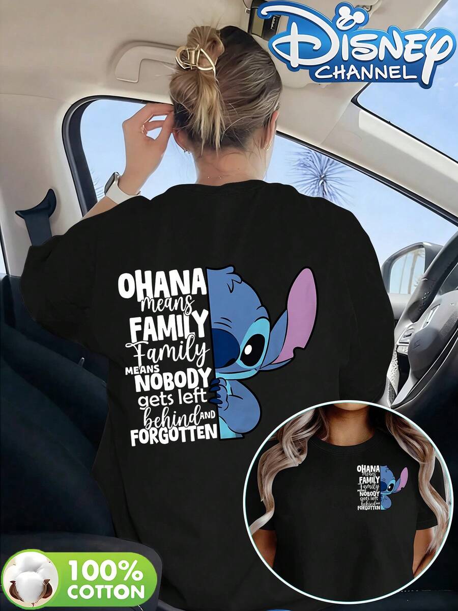 Disney Lilo & Stitch "Ohana Means Family" Quote Back Print Crew Neck Tee, 100% Cotton Casual Top - 黑色 - 查看 1