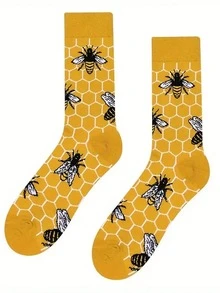 1 Pair Unisex Bee & Honeycomb Jacquard Mid-Calf Socks, Sweat-Absorbing, Odor-Resistant, Anti-Slip, Durable, Warm Yellow Solid Color Artistic Casual Mid-Calf Socks, Suitable For Daily Commute, Travel Outfits, Artistic Gift Giving - Multicolor - View 7