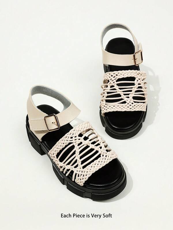 Woven Knit Cutout Platform Sandals, Adjustable Buckle Ankle Strap Open Toe Non-Slip Chunky Sole Summer Casual Shoes
