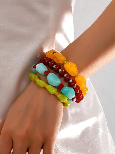 1pc/4pcs Women's Sweet Beaded Bracelet, Vacation Style Fashionable Light Luxury Personalized Jewelry, Multi-Layer Stackable Elegant Exaggerated Resin Bangle