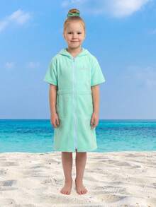 1pc Children's Embroidered Crown Hooded Bathrobe, Zipper Closure Robe, Non-Choking, Super Soft Fiber, Suitable For Multiple Ages, Absorbent, With Pockets, Essential For Home, Beach, Swimming, Showering, Spa, Can Dry Hair & Body, Durable & Reusable - Mint Green - View 13