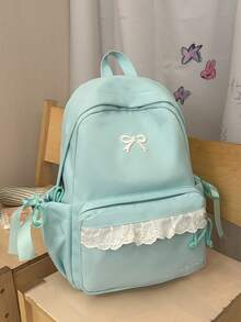 學院風蕾絲蝴蝶結後背包，青少年女孩日常上學包，休閒校園日常後背包，輕量多功能學生後背包 - 多色 - 查看 8