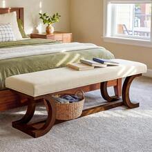 LITTLE TREE 48 Inch Upholstered Bench, Solid Wood Entryway Bench With Soft Cushion, Mid-Century End Of Bed Bench With Curved Leg For Bedroom Entryway - White & Brown - View 1