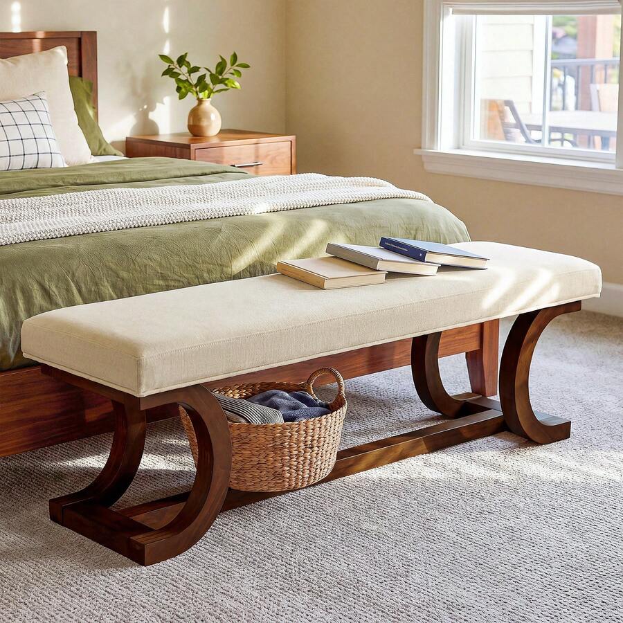 LITTLE TREE 48 Inch Upholstered Bench, Solid Wood Entryway Bench With Soft Cushion, Mid-Century End Of Bed Bench With Curved Leg For Bedroom Entryway - White & Brown - View 1