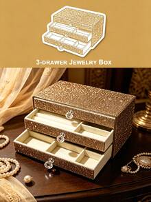 1 pieza Caja de joyas con 3 cajones y strass, caja de almacenamiento de joyas multifuncional de gran capacidad, caja de almacenamiento lujosa y brillante, organizador de joyas, caja de joyas decorativa, joyas, regalo, distribución, caja, caja de almacenamiento de accesorios, regalo para mujeres, regalo para regreso a clases - Negro - Ver 16