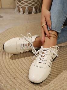 Women's Flat Hollow Lace-Up Casual Minimalist Shoes - White - View 1