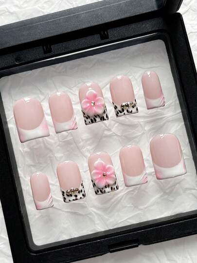 10pcs Square Handmade Nail Art Tips, White French Tips, Leopard Print Pattern, 3D Flower Design, Minimalist Cute Pink Acrylic Fake Nails, Suitable For Girls And Women Daily, Vacation And School Nail Decoration, Includes Jelly Glue And Nail File Handmade Press On Nails