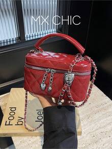 1 件迷你女士手提包时尚纯色刺绣菱形斜挎包，适合存放卡片和钥匙 - 酒紅色 - 查看 1