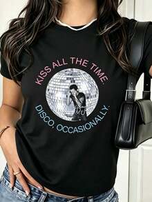 Women's Casual T-Shirt 100% Cotton | Women's Short Sleeve Crew Neck T-Shirt With Casual Print, Harry Style, Kiss All The Time Disco Occasionally, Disco Ball, Love On Tour Essential (2) Men's Loose Fit Short Sleeve T-Shirt | Exquisite Design | Summer Must-Have | Versatile And Easy To Match | Show Off Your Style With This Short Sleeve Crew Neck T-Shirt. | Machine Washable | Suitable For All Seasons, Comfortable And Fitted. | Bright Digital Print T-Shirt, Casual And Versatile - 黑色 - 查看 1