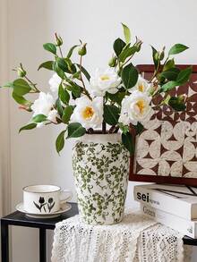 1PC Artificial White Snow Stream Camellia. Suitable For Home And Wedding Decoration, Floral Displays In Dining Rooms, Living Rooms, Bedrooms And Beside Beds. Also Great For Bridal Bouquets, Birthday Party Decor, Holiday And Valentine's Day Gifts. - White - View 3
