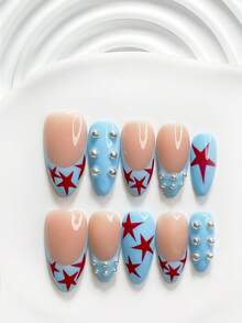 10Pcs Unique Style Handmade Press On Nail,Polygel Nail Set,Polka Dot And Star Designs,Blue And Red Nail Polish,Lively Style,Includes Nail Tools,3 Sizes Available,Square,Short Square,Almond,Nails For Party,Dance,Daily Wear. - 彩色 - 查看 3