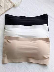 3pcs/Set Girls Basic Solid Color Seamless Ice Silk Strapless Backless Invisible Hook-And-Eye Bra, Suitable For Daily Wear - Multicolor - View 3