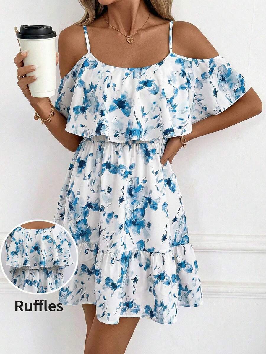 Clasi Vestido minielegante de mujer con estampado floral y hombros al descubierto, vestido casual cómodo para vacaciones y playa - Azul - Ver 1