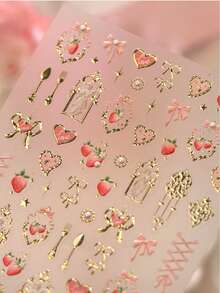 5D Embossed Summer Strawberry Coquette Nail Stickers, Gold Foil Angel Frame & Heart Bow Self-Adhesive Nail Decals, Victorian Sweet Aesthetic DIY Manicure Decoration For Home Salon Nail Art & Press On Nails Accessories 1 Sheet - Pink - View 6