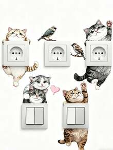 A Set Of Cartoon Probe Cute Cat Switch Socket Wall Stickers, Featuring Adorable Kittens, Little Birds, And Heart Patterns. Self-Adhesive And Removable PVC Stickers, Mix And Match Freely, DIY Decoration For Living Room And Bedroom Switch Panels. - ZC2508-30*30 - View 7