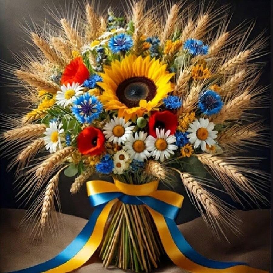 1pc 5D Full Drill Diamond Painting Kit, Sunflower Daisy Poppy Wheat Bouquet With Blue And Yellow Ribbon Pattern, 30*30cm Frameless DIY Rhinestone Embroidery Wall Decor Handmade Gift, Suitable For Beginners