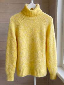 Women's Cream Yellow High Neck Ribbed Pullover, Chunky Mohair Blend Loose Drop Shoulder Style, Comfortable Long Sleeve Fall - Pale Yellow - View 2