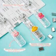 Aesthetic Cartoon Transparent Press-Type Stapler, Trace-Free Reusable Shell Clip Dispenser, Portable Document Fastener, Suitable For Student Office Paper Organization - A - View 4