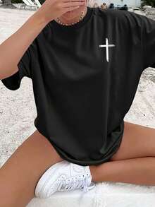 Women's Minimalist Casual T-Shirt With Double-Sided Inspirational Bible Message Graphic, Versatile Top To Pair With White Shorts And Lightweight Trousers - 黑色 - 查看 2