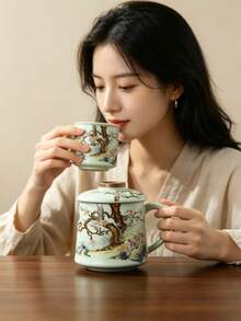 Chinese Vintage Floral Ceramic Mug With Lid, Traditional Peacock & Plum Blossom Pattern Porcelain Tea Cup, Large Capacity Handle Water Cup, Oriental Aesthetic Table Decor, Elegant Gift For Tea Lovers Office & Home Daily Drinking - Multicolor - View 4