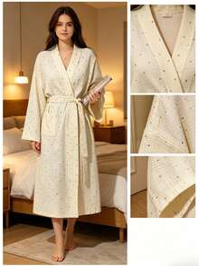 1 Stück Damen-Pyjama-Morgenmantel, europäisch-amerikanischer minimalistischer Langarm-Schlafanzug, Frühling/Herbst neu, süß und niedlich, von Small bis Große Größen, ganz in Rosa mit Schleife, Langarm, schmale Passform, einfarbige Loungewear, Schulanfang-Saison, universell für Damen, lässig - Aprikosenfarbene Punkte - Übersicht 2