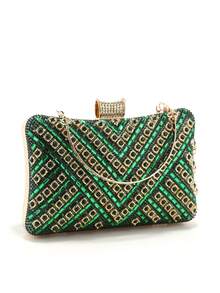 Handbag With Metal Handle, Evening Bag With Diamonds, Gold Wedding Clutch, Shoulder Bag With Chain, Small Handbag - Green - View 6