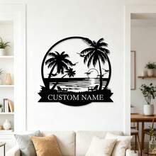 Personalized Palm Tree Beach Metal Sign, Round Coastal Sunset Custom Name Sign, Tropical Beach Home Decor Gift, Outdoor Backyard Wall Decor - Black - View 7