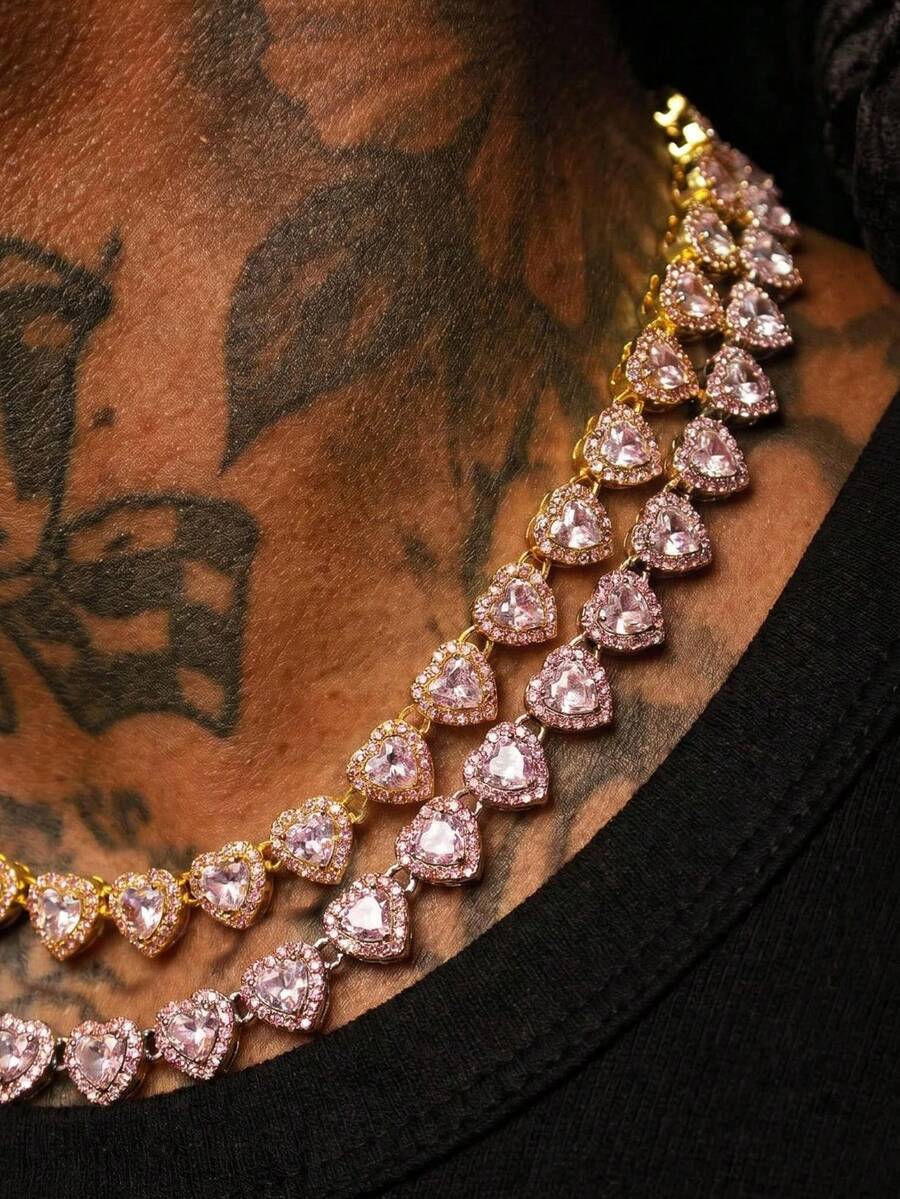 1 Peça Colar Masculino de Cobre com Zircônia Colorida em Formato de Coração, Joia de Colar Masculino Hip-Hop Punk, Adequado para Uso Diário Masculino