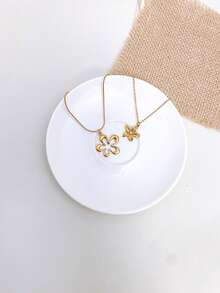 1pc Stainless Steel Waterproof Non-Fading Vintage Five-Petal Flower Pendant Necklace Choker Chain Suitable For Women's Daily Wear - Gold - View 3