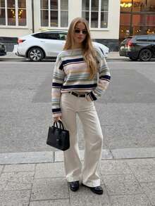 Lubi Women's Spring Early Autumn Fashion Colorful Striped Asymmetric Neck Collar Wide Long Sleeve Short Knit Fabric Pullover Top, Suitable For Daily, Office, Date, Street, Travel - Multicolor - View 5