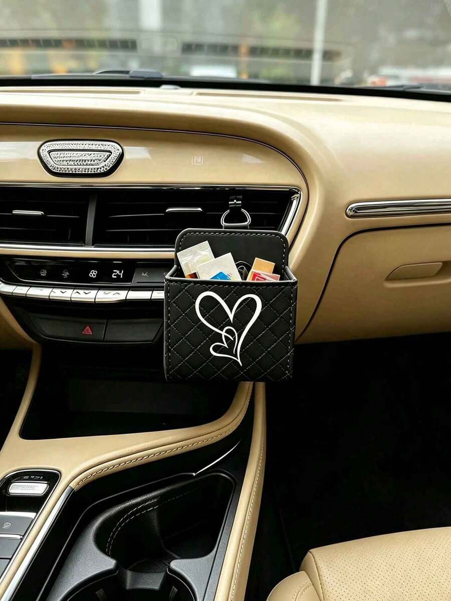 White Double Heart Car Air Vent Storage Box, Car Phone Holder Hanging Box, Creative Car Interior Decor Storage Box - White Double Hearts - View 1