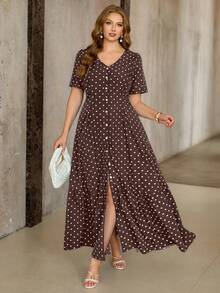 Roveilla Vestido de manga corta con cuello en V, cintura ceñida y bajo con abertura, estampado de lunares, talla grande - Marrón - Ver 1