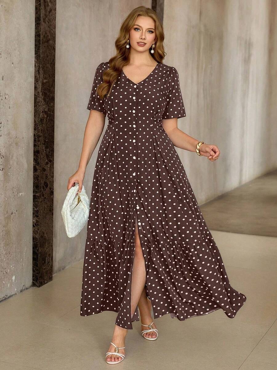 Roveilla Vestido de manga corta con cuello en V, cintura ceñida y bajo con abertura, estampado de lunares, talla grande - Marrón - Ver 1