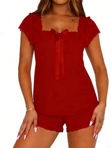 Square Neck Bow Ruffle 2 Piece Sleep Set For Women, Mesh Layer Trim Cami Top  Short, Coquette Soft Lightweight Loungewear Night Wear - Burgundy - View 5