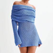 Light Blue Textured Knit Mini Dress, Off-Shoulder, Folded Band With Ruching, Long Bell Sleeves, Fitted Cut For Dates And Evening Parties - Blue - View 1