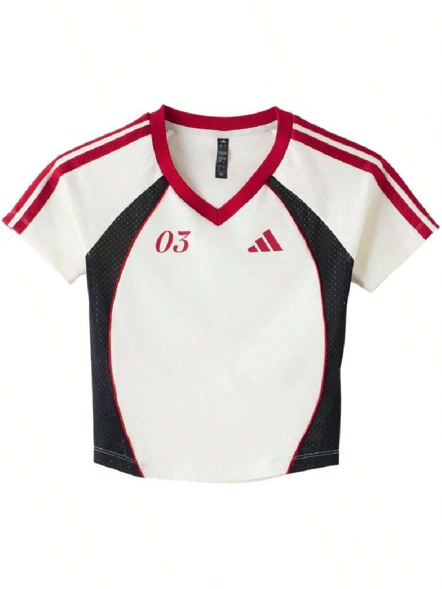 Adidas TIRO TEE3 2026 Kaos Pendek Olahraga Wanita Model V-Neck Warna Blok Terbaru Musim Panas KZ2387 - Hanyu Putih - View 1